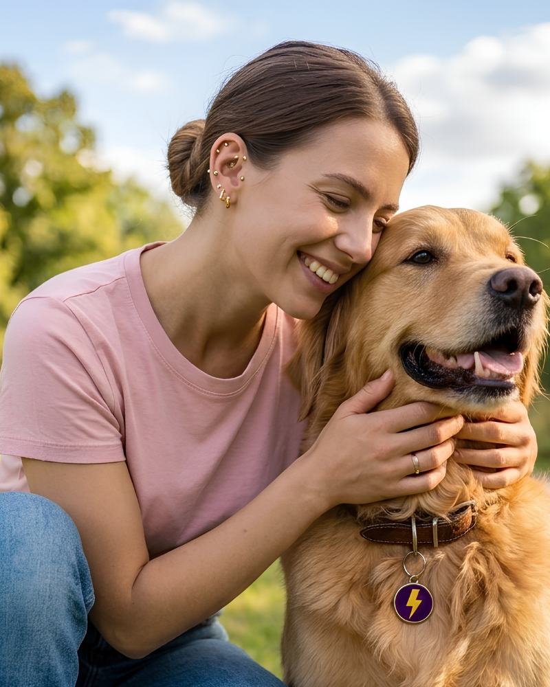 Chien portant la médaille connectée FurryID, retrouvé grâce au QR code
