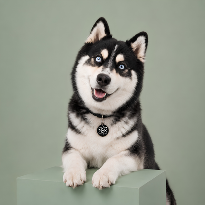 Husky noir et blanc aux yeux bleus portant une médaille FurryID motif atome #atome