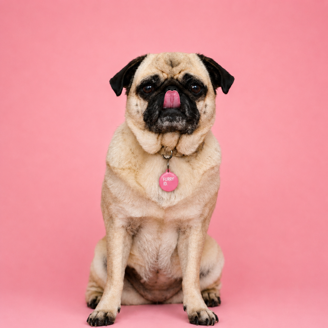 Carlin (pug) assis portant une médaille FurryID ronde rose #rose